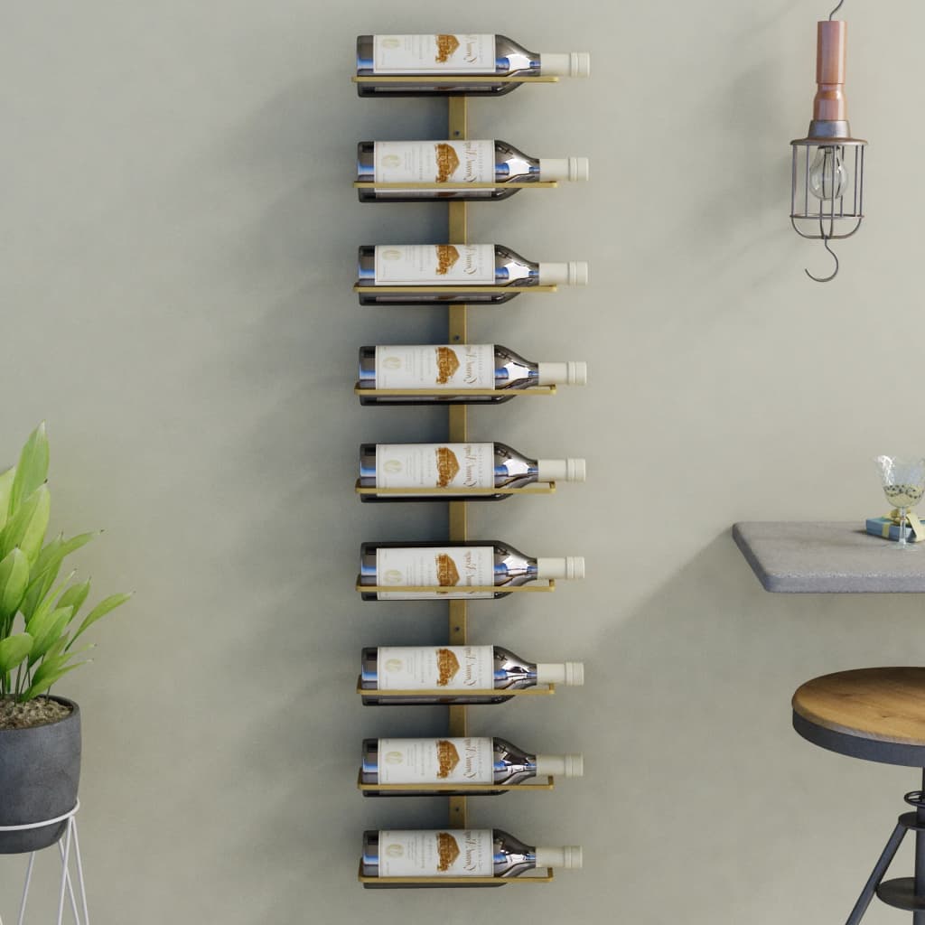 vidaXL seinale kinnitatav veiniriiul 9 pudelile, kuldne raud