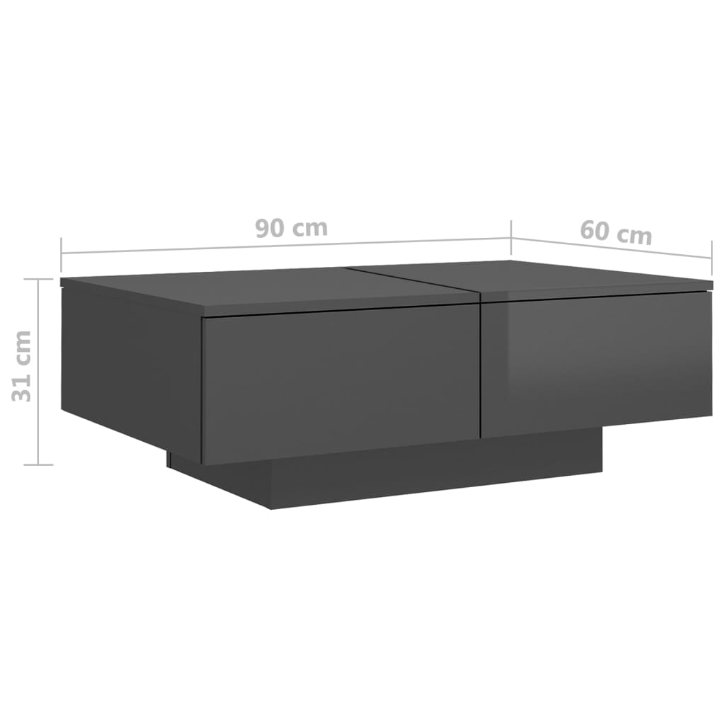 vidaXL kohvilaud, kõrgläikega, hall, 90 x 60 x 31 cm, puitlaastplaat