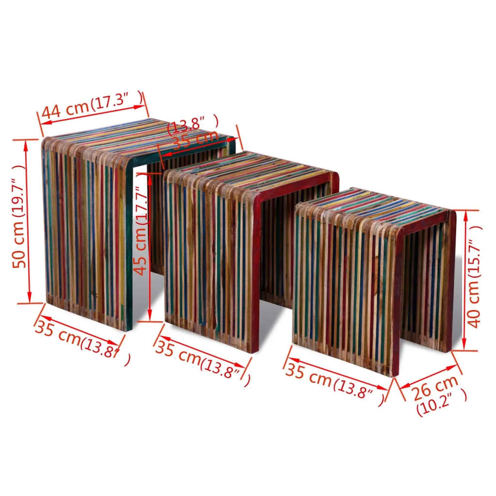 vidaXL üksteise alla mahtuvad lauad, 3 tk, värviline taastatud tiikpuu