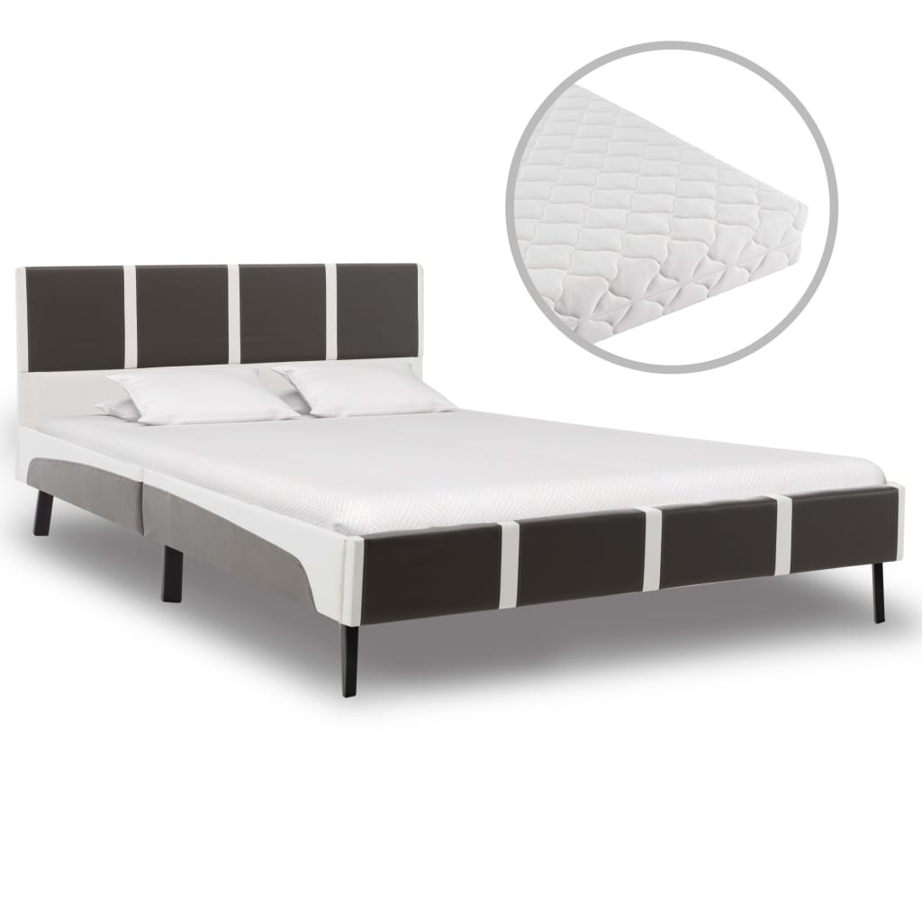 vidaXL voodi madratsiga, hall ja valge, kunstnahk 140 x 200 cm