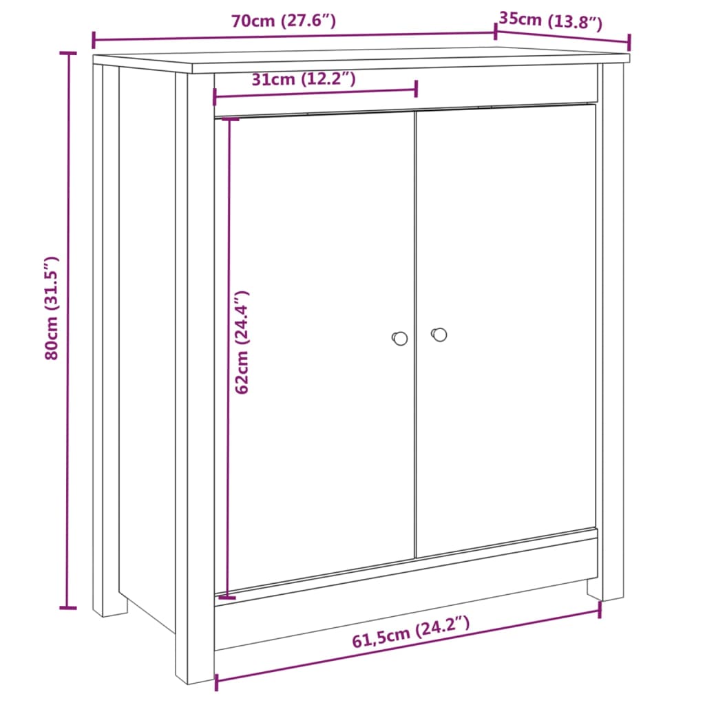 vidaXL puhvetkapp, valge, 70 x 35 x 80 cm, täismännipuit