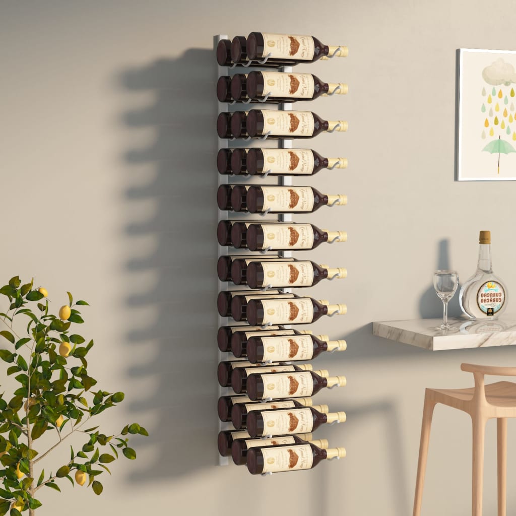 vidaXL seinale kinnitatav veiniriiul 36 pudelile, valge raud