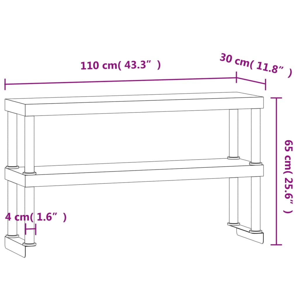 vidaXL 2-tasandiline töölaua riiul, 110 x 30 x 65 cm, roostevaba teras