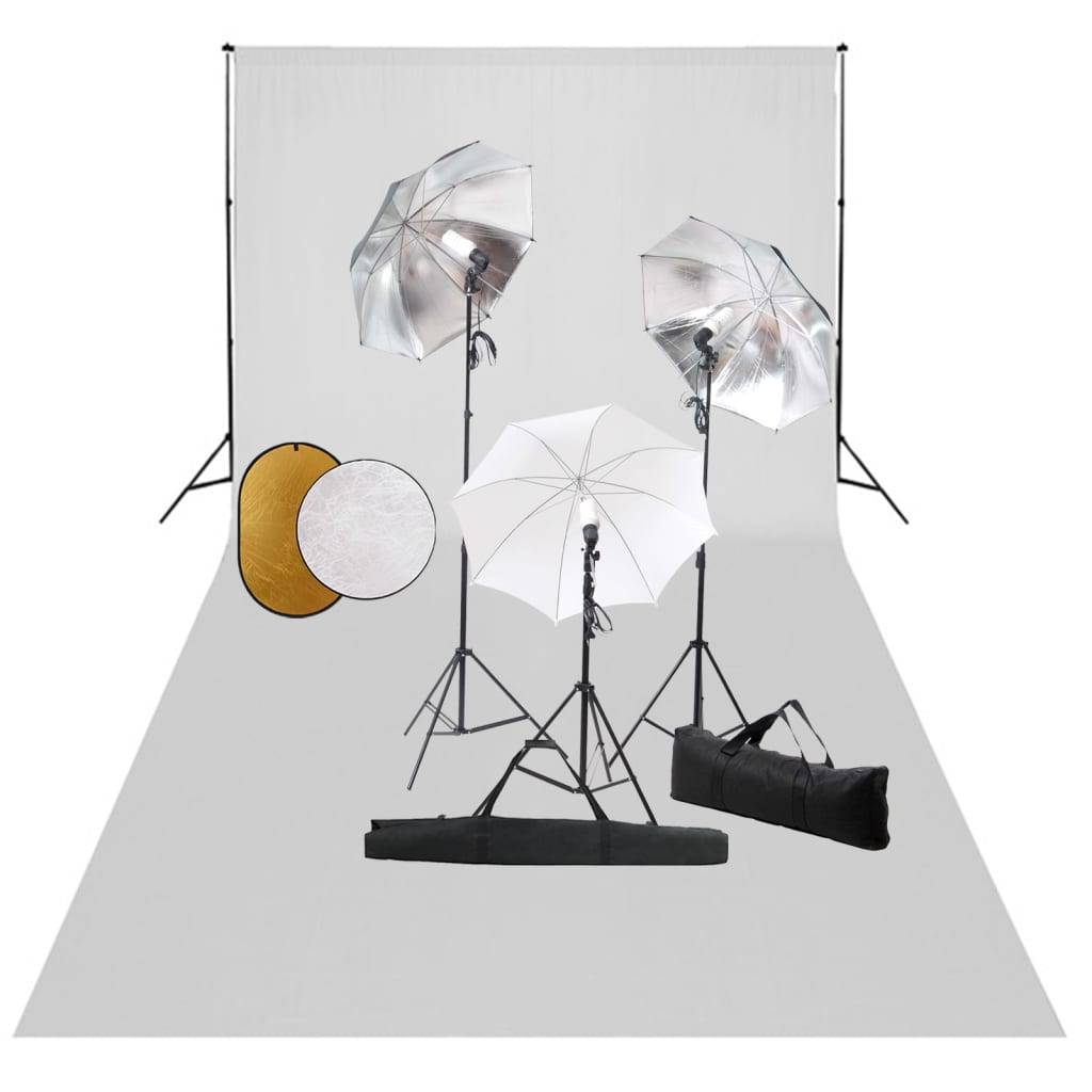 vidaXL fotostuudiokomplekt lambid, vihmavari, taustapilt ja reflektor