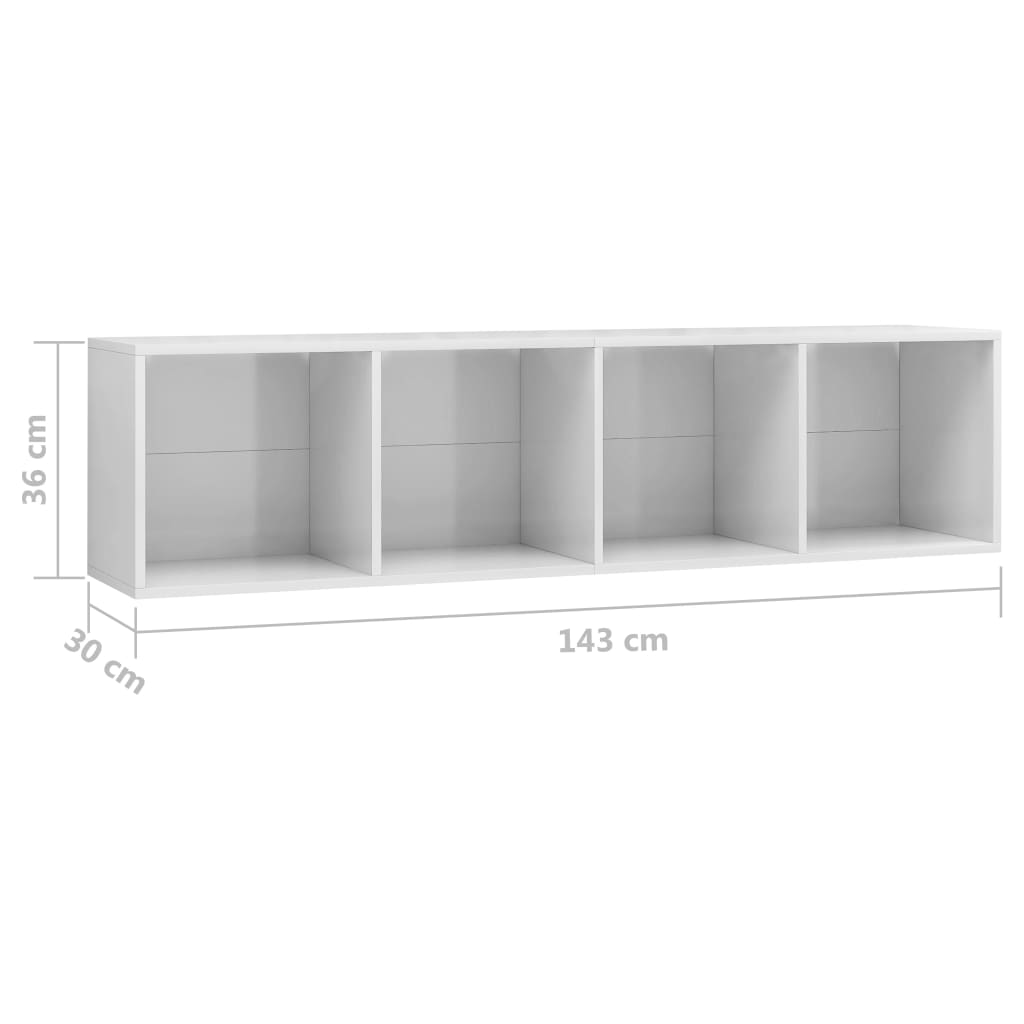 vidaXL raamaturiiul/telerialus, kõrgläikega, valge 143 x 30 x 36 cm