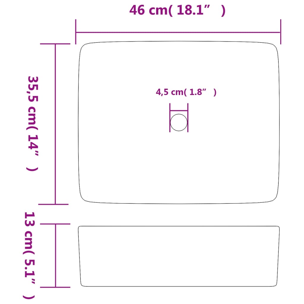 vidaXL valamu tööpinnale, must, ristkülik, 46x35,5x13 cm, keraamiline