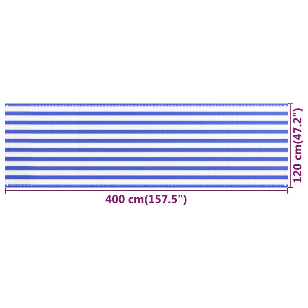 vidaXL rõdusirm, sinine ja valge, 120 x 400 cm, HDPE