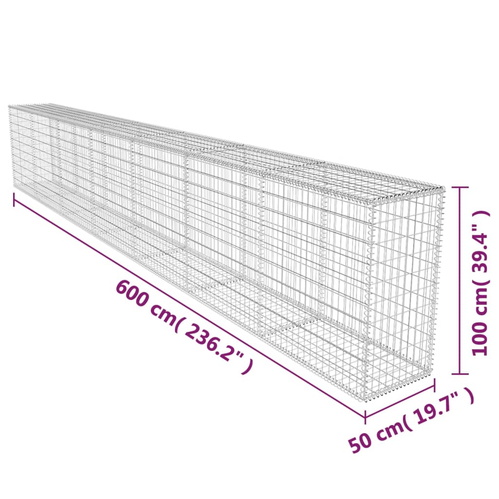 vidaXL gabioonsein kattega, tsingitud teras, 600 x 50 x 100 cm