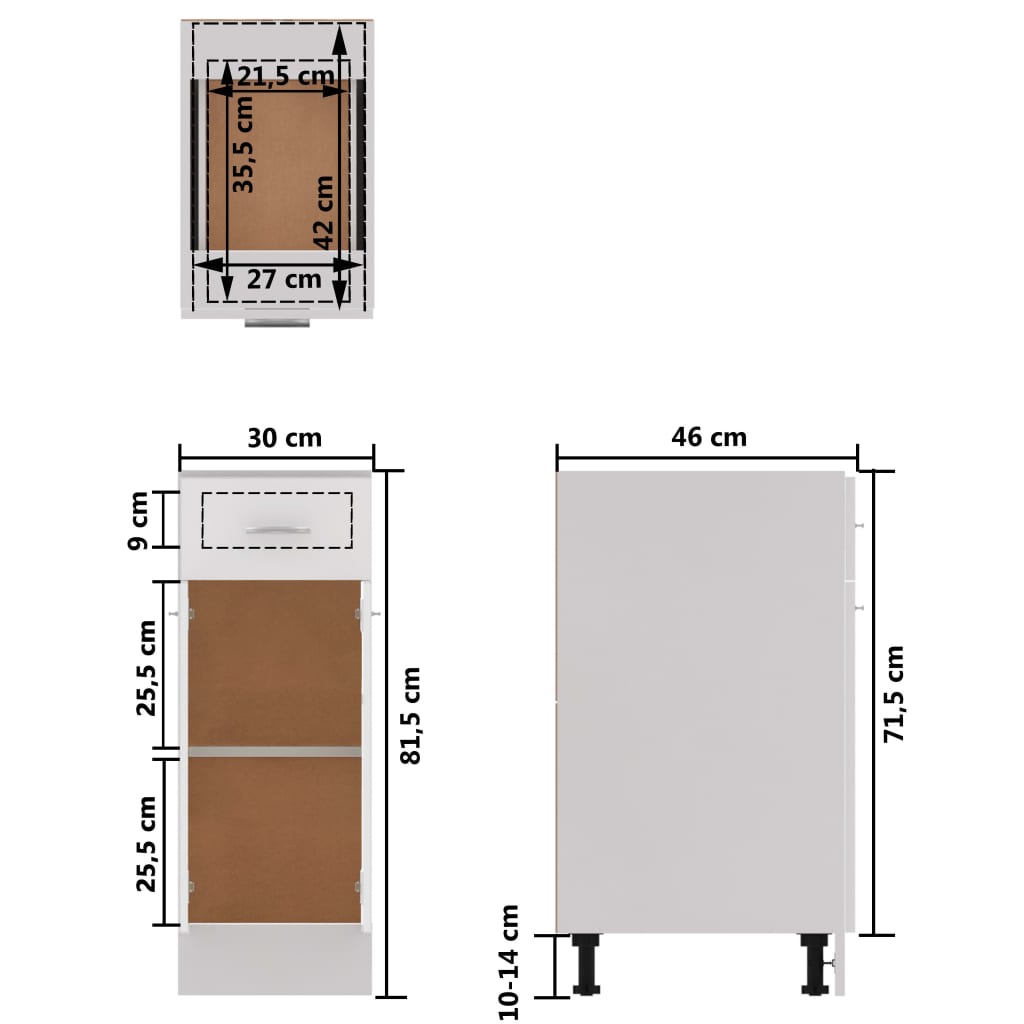 vidaXL köögikapp, kõrgläikega valge, 30 x 46 x 81,5 cm, puitlaastplaat