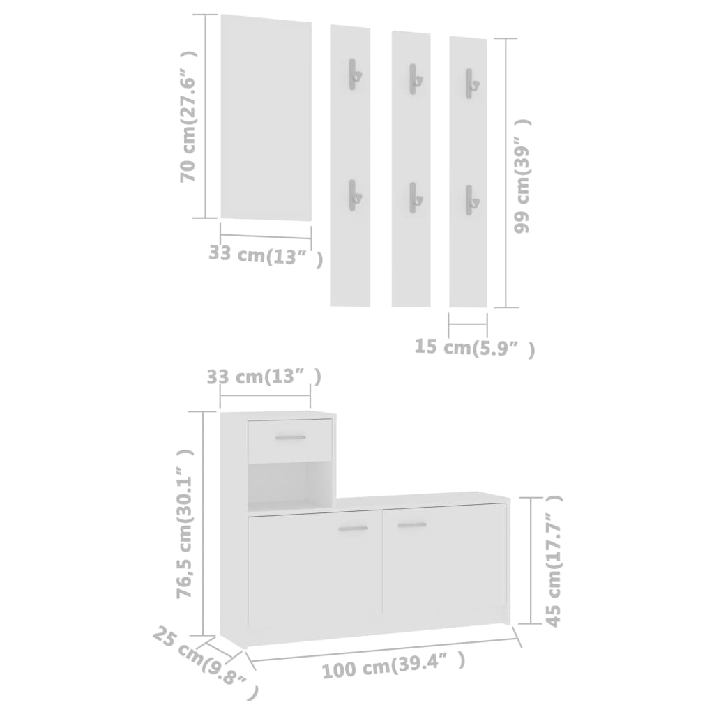 vidaXL esikumööbel valge 100 x 25 x 76,5 cm, puitlaastplaat