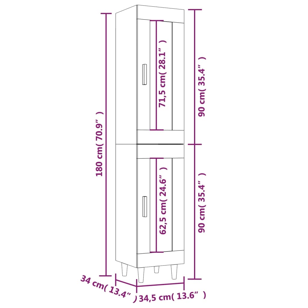 vidaXL kõrge kapp, suitsutatud tamm, 34,5x34x180 cm, tehispuit