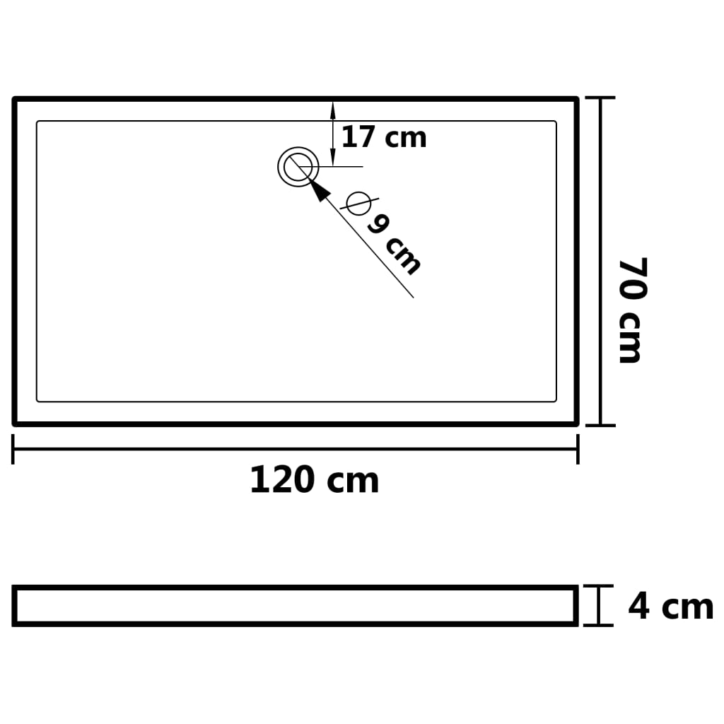 vidaXL ristkülikukujuline dušialus, ABS, valge, 70 x 120 cm