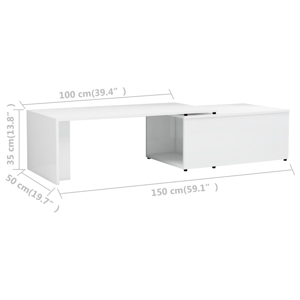 vidaXL kohvilaud, kõrgläikega, valge, 150 x 50 x 35 cm puitlaastplaat