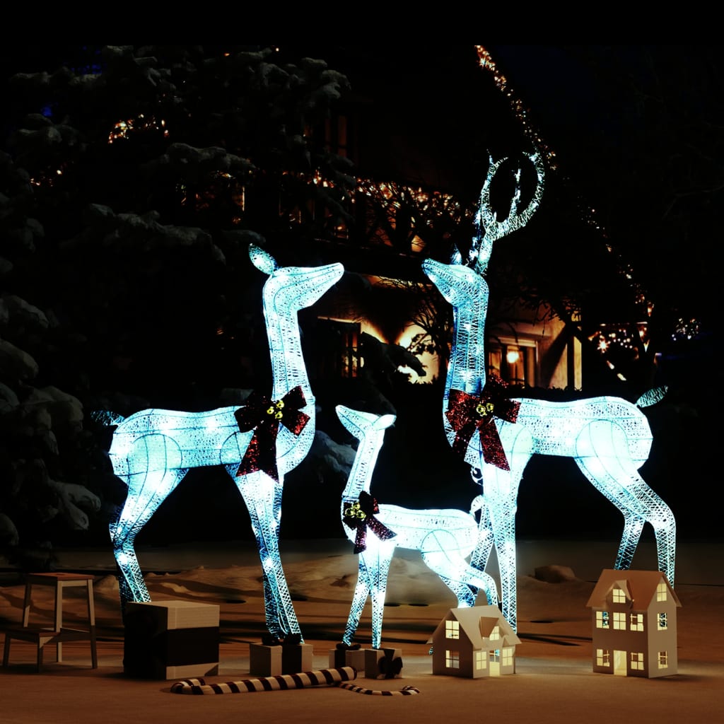 vidaXL jõulukaunistus põhjapõtrade perekond, valge ja hõbe, 201 LEDi
