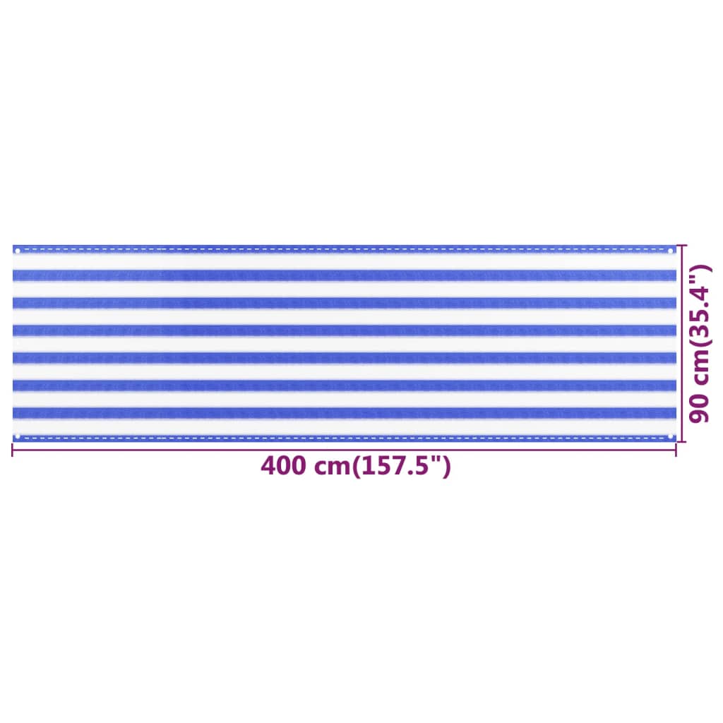 vidaXL rõdusirm, sinine ja valge, 90 x 400 cm, HDPE