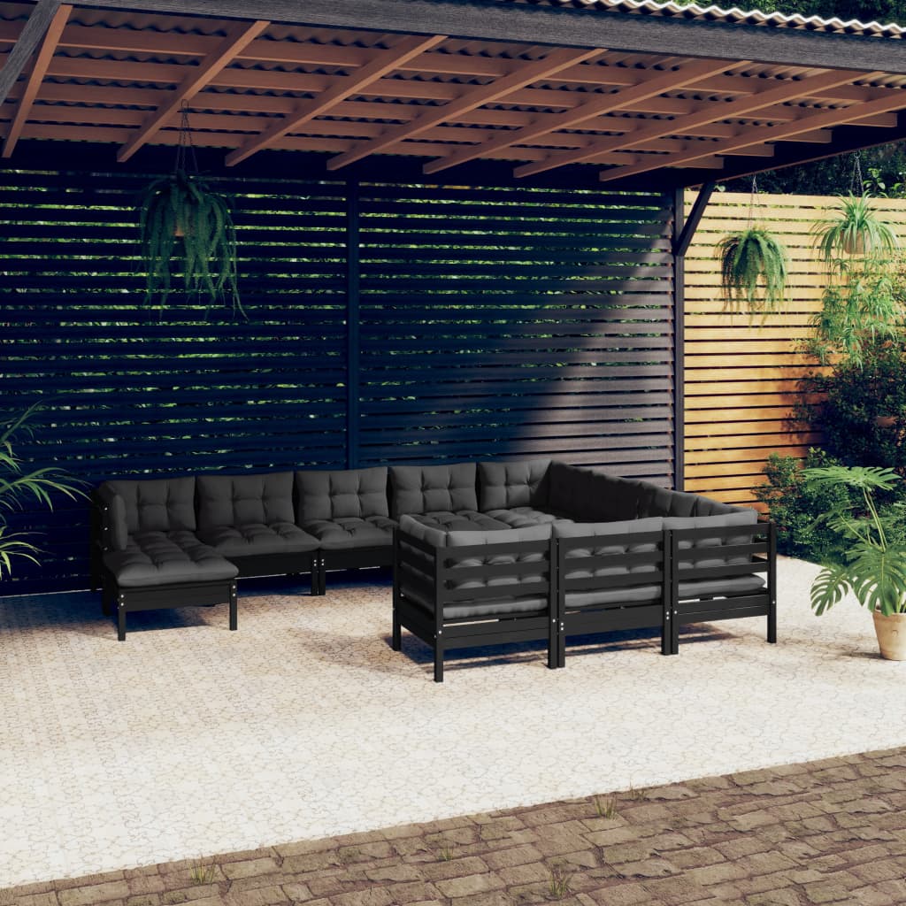 vidaXL 11-osaline aiamööbli komplekt istmepatjadega, must, männipuit