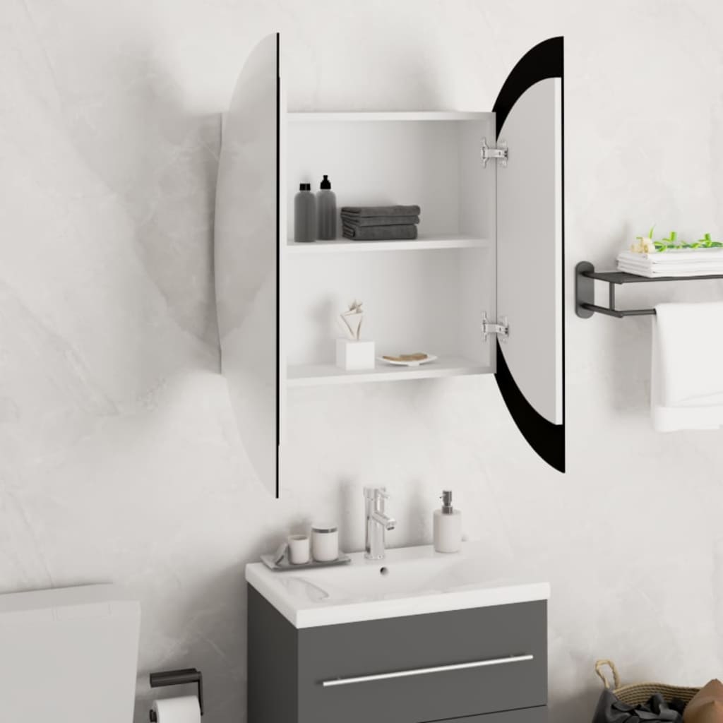 vidaXL vannitoakapp ümmarguse peegli ja LED-iga, valge, 54x54x17,5 cm