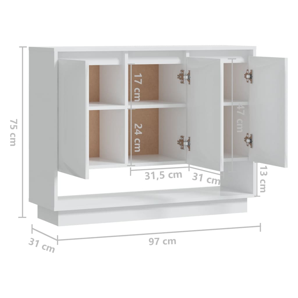 vidaXL puhvetkapp, kõrgläikega, valge, 97x31x75 cm puitlaastplaat