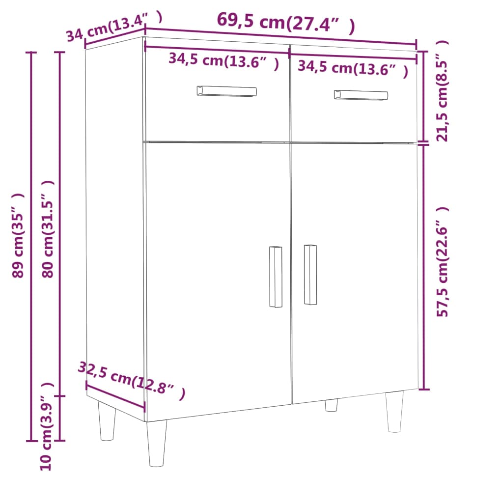 vidaXL puhvetkapp, hall Sonoma tamm, 69,5 x 34 x 89 cm, tehispuit