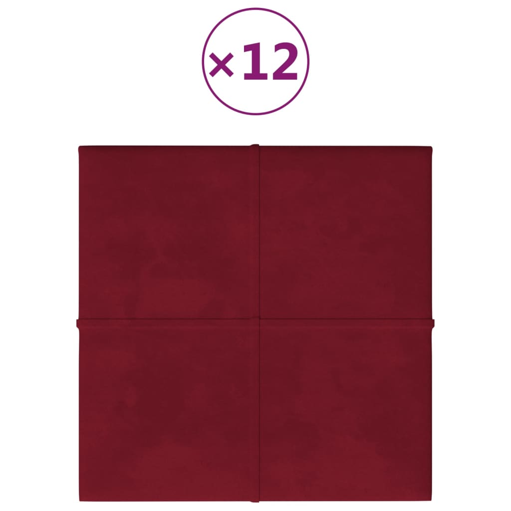vidaXL seinapaneelid 12 tk, veinipunane, 30 x 30 cm, samet, 1,08 m²