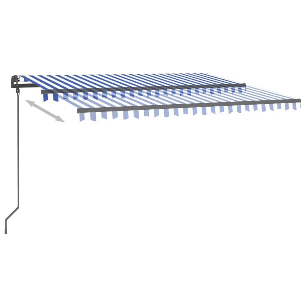 vidaXL käsitsi sissetõmmatav varikatus LEDidega, 4x3,5 m, sinine/valge