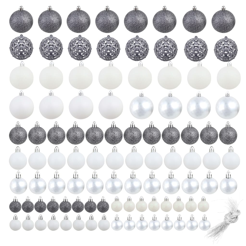 vidaXL 100-osaline jõulukuulide komplekt, 3/4/6 cm, valge/hall