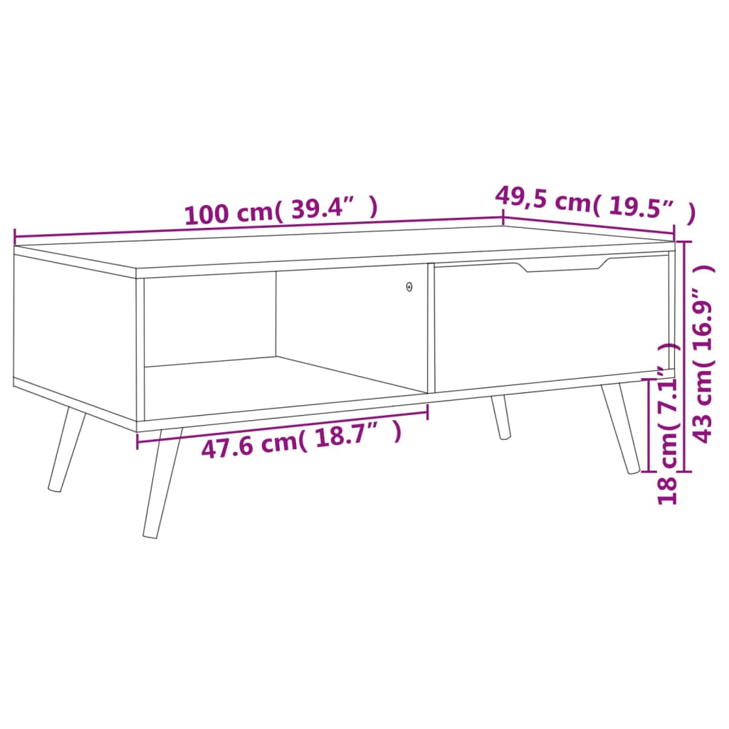 vidaXL kohvilaud, valge, 100x49,5x43 cm puitlaastplaat