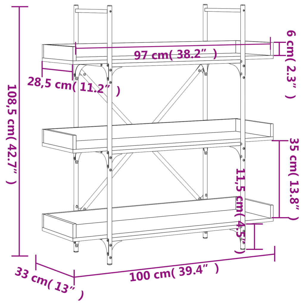 vidaXL raamaturiiul 3-korruseline, must, 100x33x108,5 cm, tehispuit