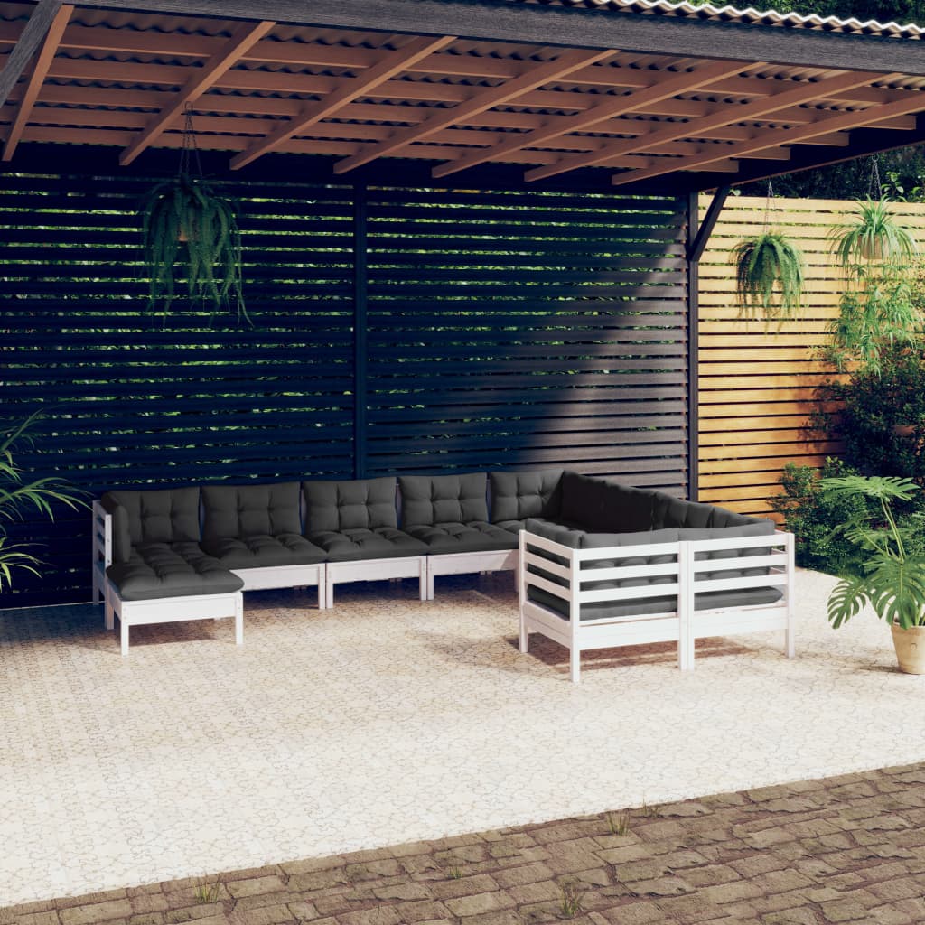 vidaXL 10-osaline aiamööbli komplekt istmepatjadega, valge, männipuit