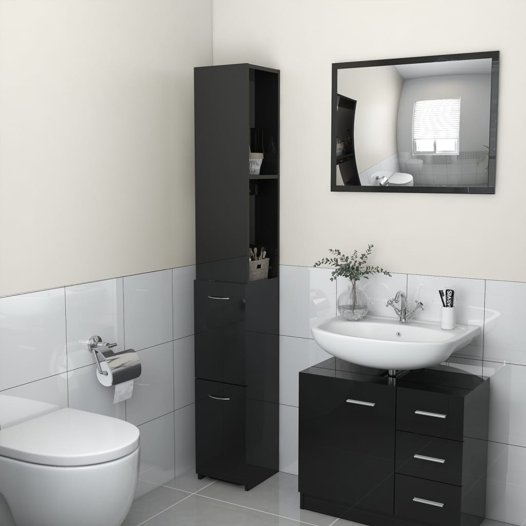 vidaXL vannitoakapp, kõrgläikega must, 25 x 25 x 170 cm, puitlaastplaat