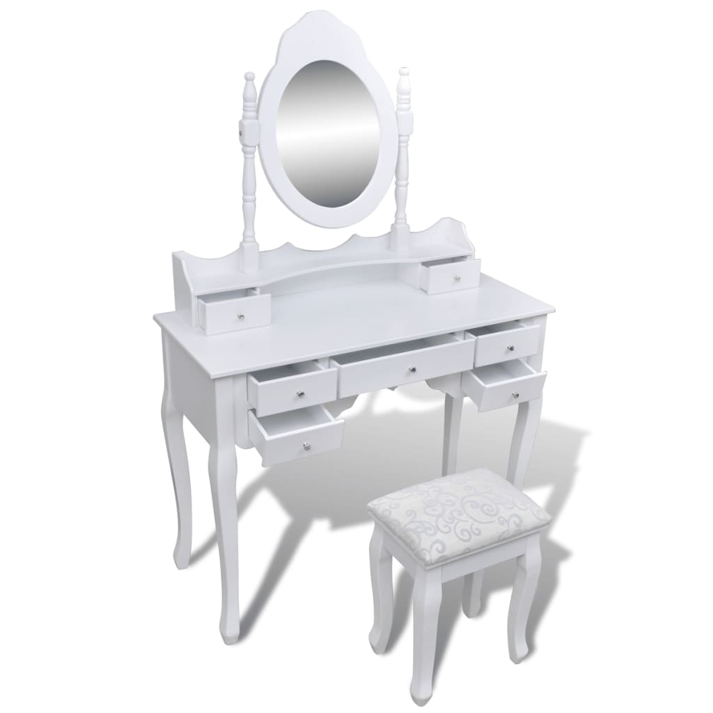 vidaXL peegli ja pingiga tualettlaud, 7 sahtlit, valge
