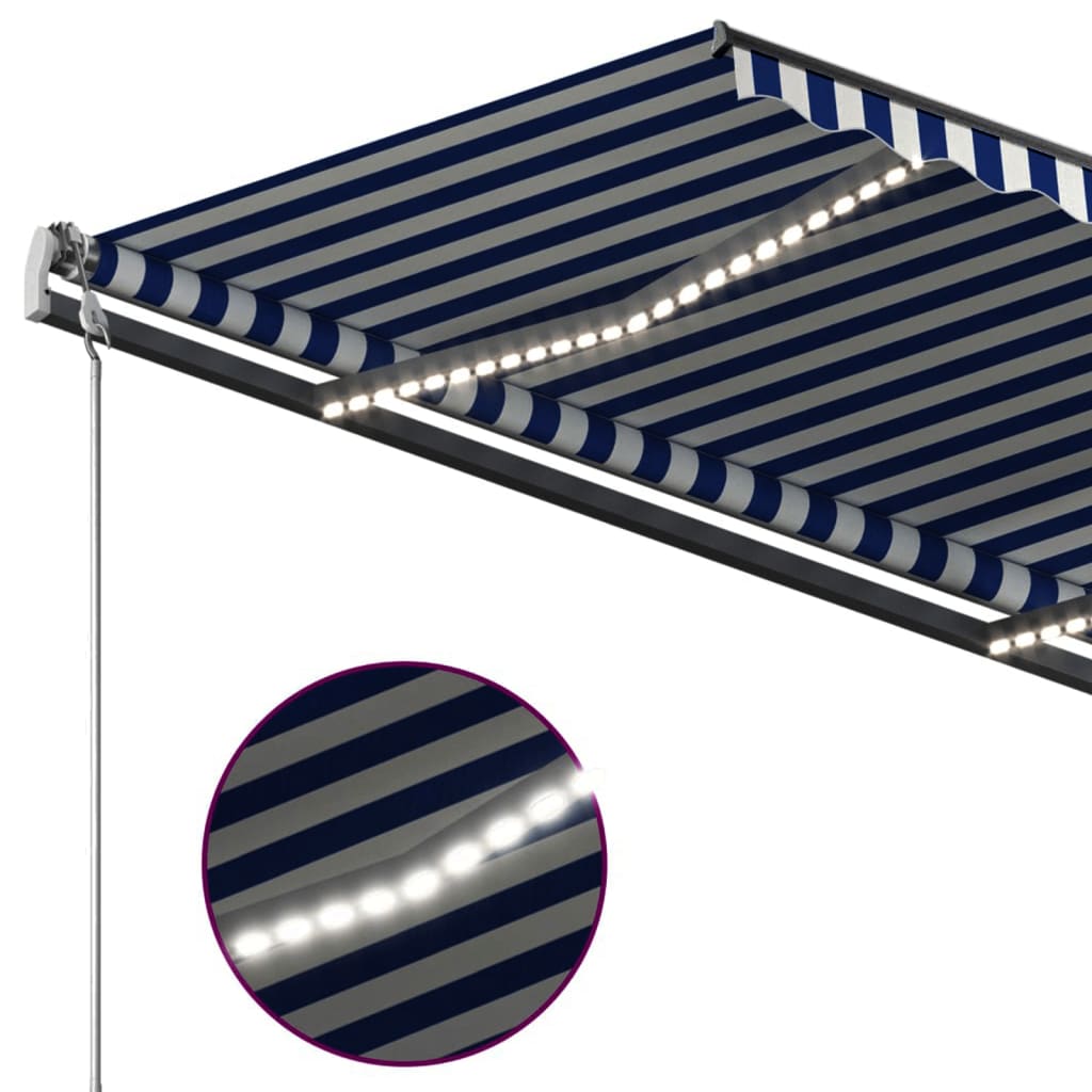 vidaXL käsitsi sissetõmmatav varikatus LEDidega, 4x3,5 m, sinine/valge