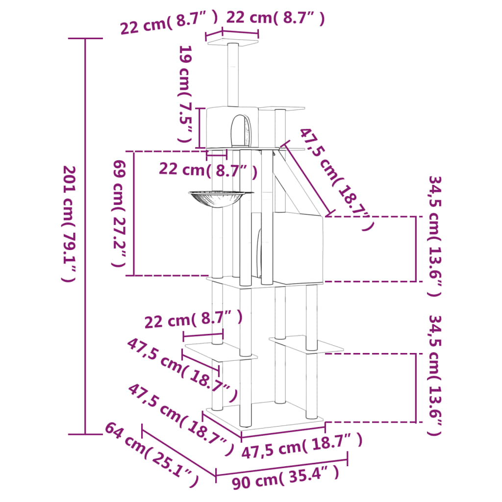 vidaXL kassimaja sisalköitega kraapimispuudega, tumehall, 201 cm