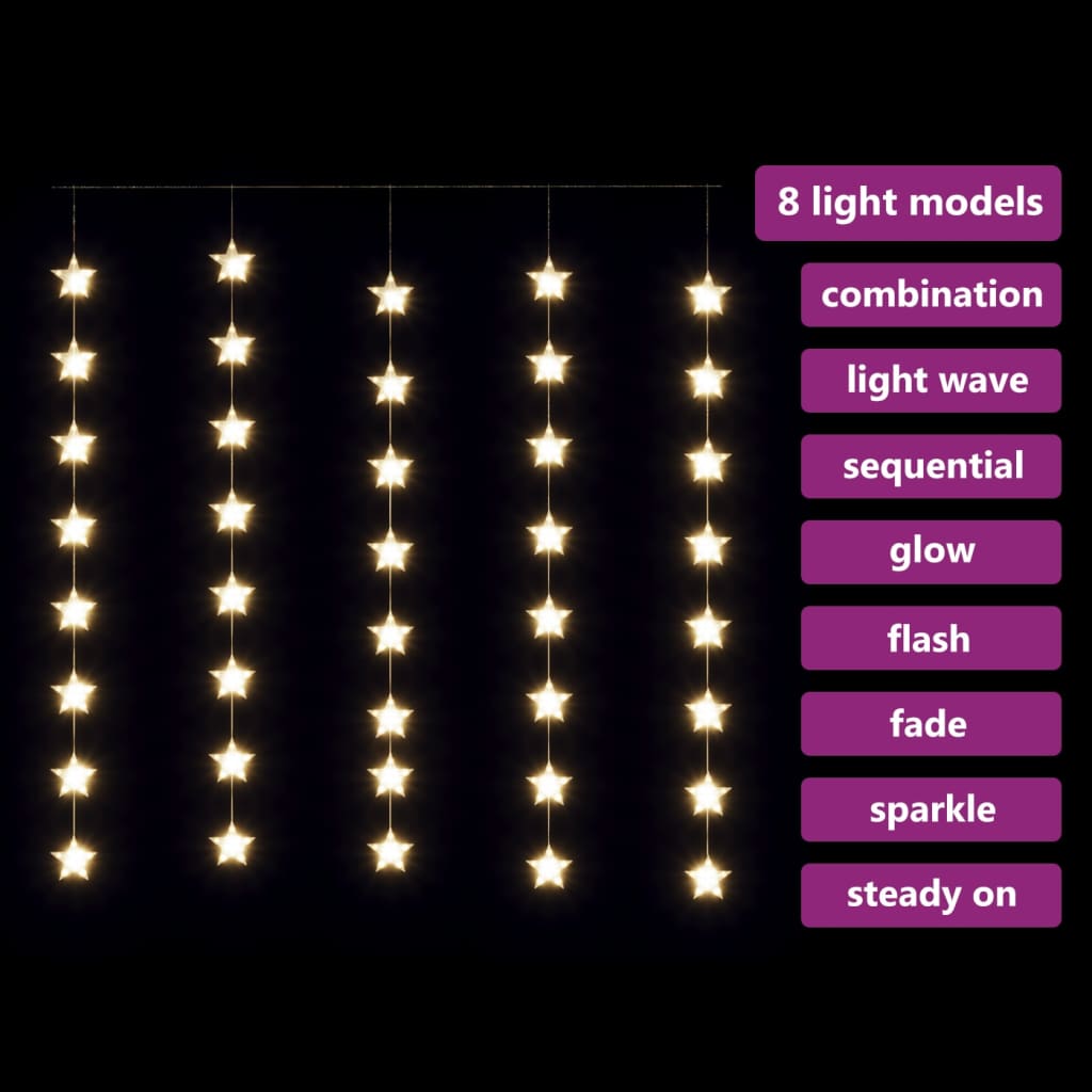 vidaXL LED-valguskardin tähtedega, 200 LEDi, soe valge, 8 funktsiooni
