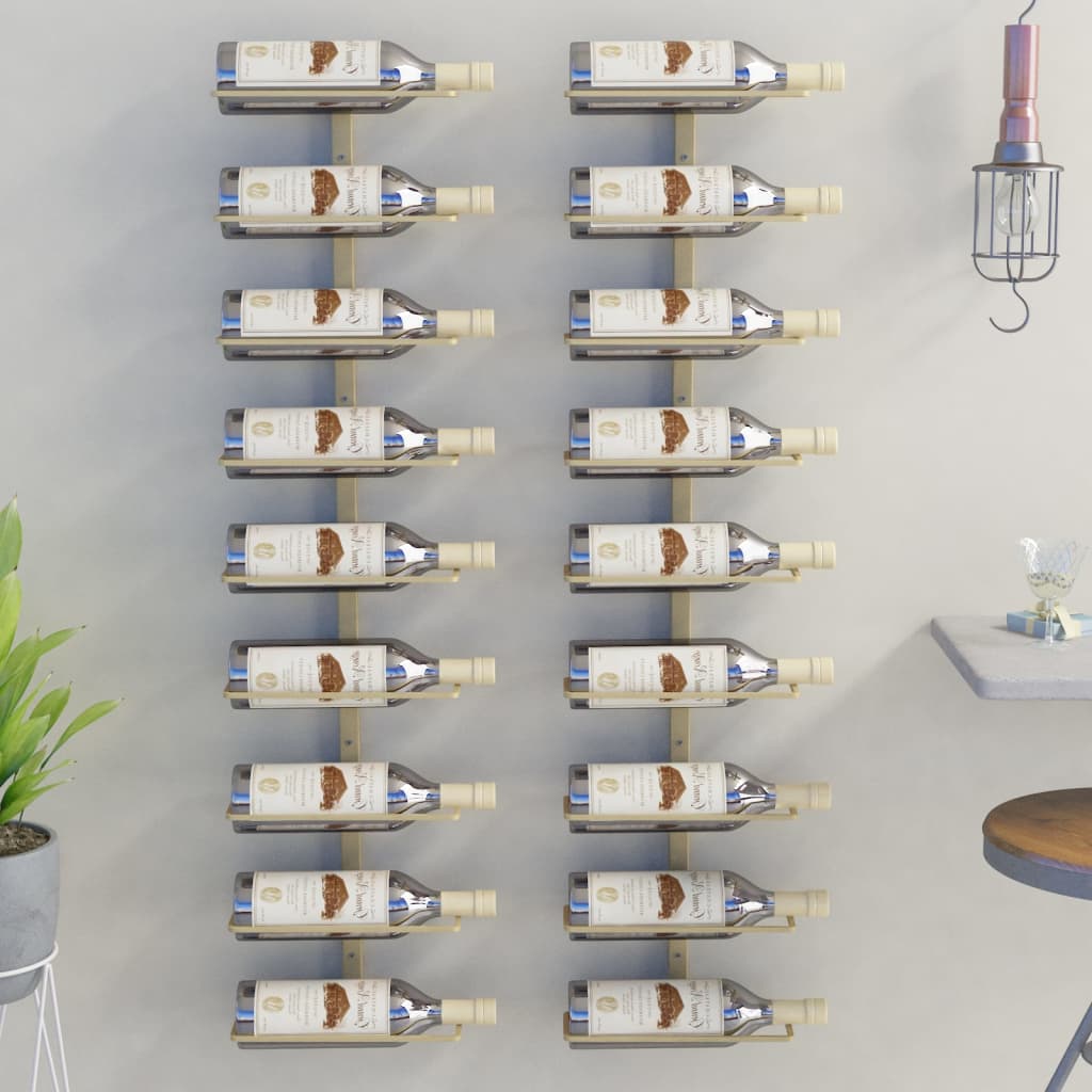 vidaXL seinale kinnitatav veiniriiul 9 pudelile 2 tk, kuldne, raud