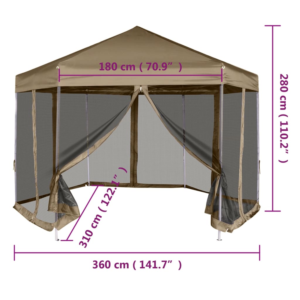 vidaXL kuusnurkne pop-up telk külgseintega, 3,6x3,1 m, pruunikashall