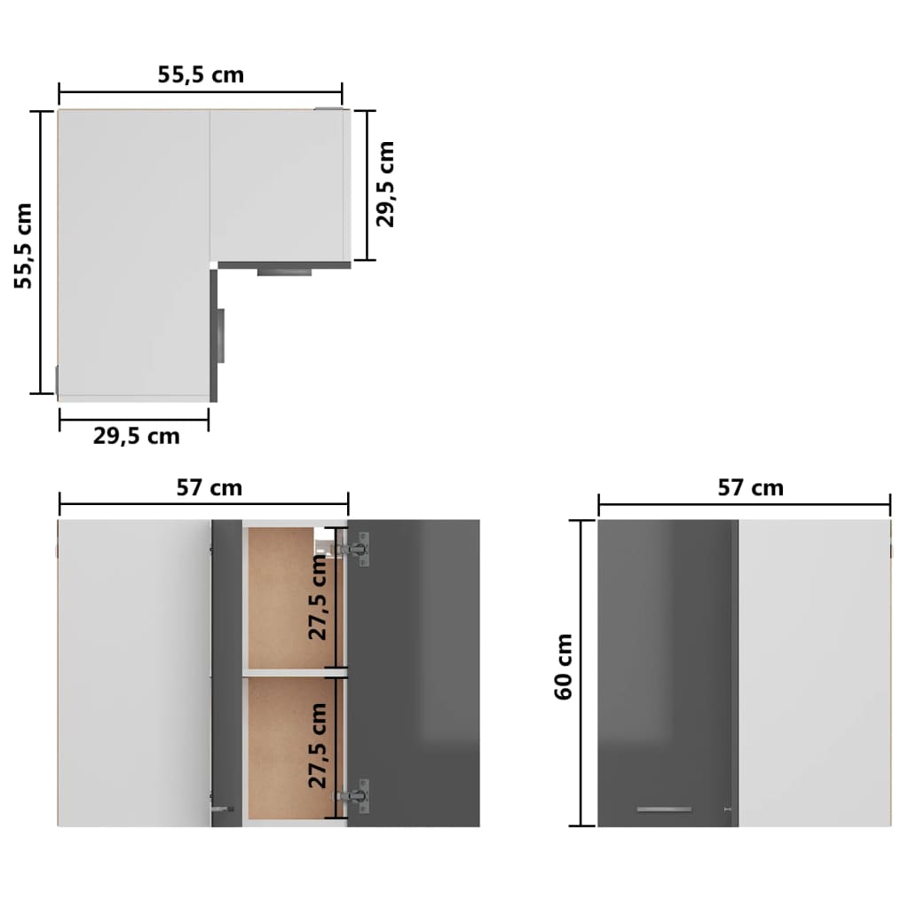 vidaXL seina nurgakapp, kõrgläikega hall, 57x57x60 cm, puitlaastplaat