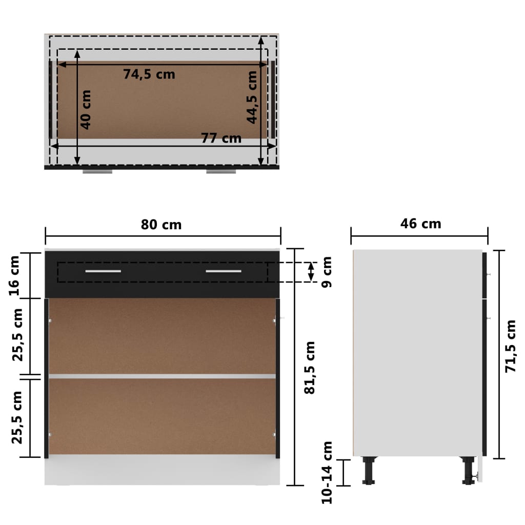 vidaXL sahtliga alumine köögikapp, must, 80x46x81,5 cm, puitlaastplaat
