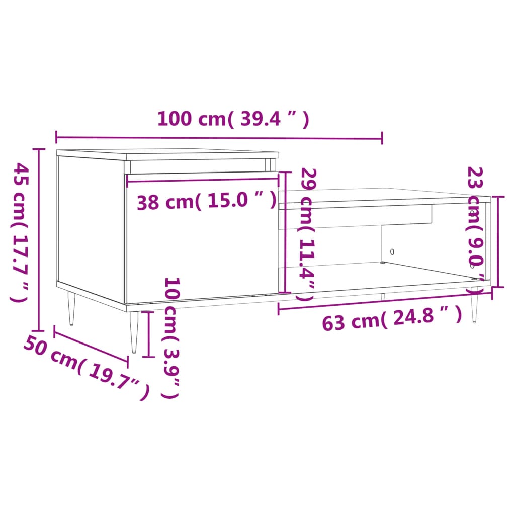 vidaXL kohvilaud, hall Sonoma tamm, 100 x 50 x 45 cm, tehispuit