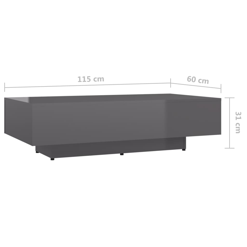 vidaXL kohvilaud, kõrgläikega hall, 115 x 60 x 31 cm, puitlaastplaat