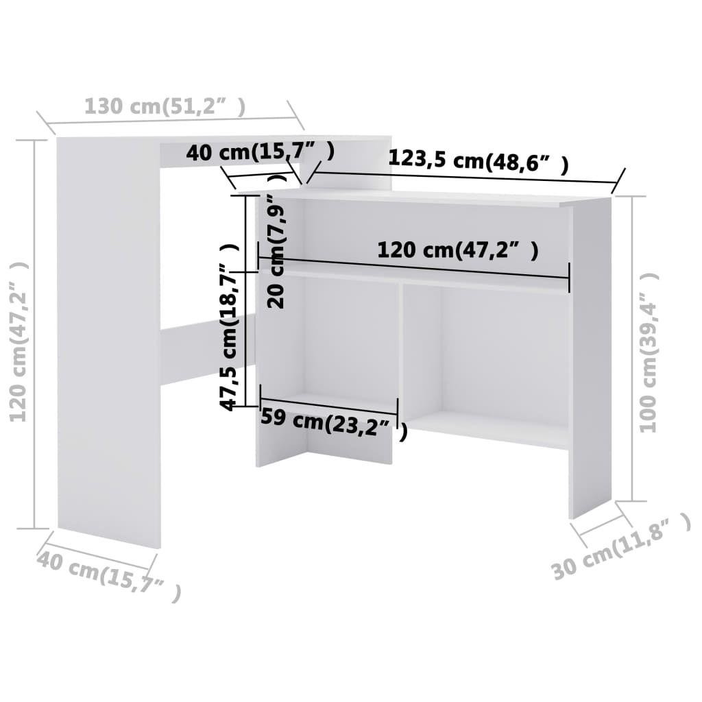 vidaXL baarilaud 2 lauaplaadiga, valge, 130 x 40 x 120 cm