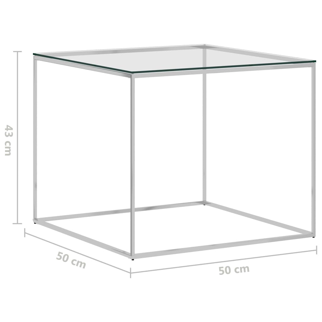 vidaXL kohvilaud hõbedane, 50x50x43 cm, roostevaba teras ja klaas