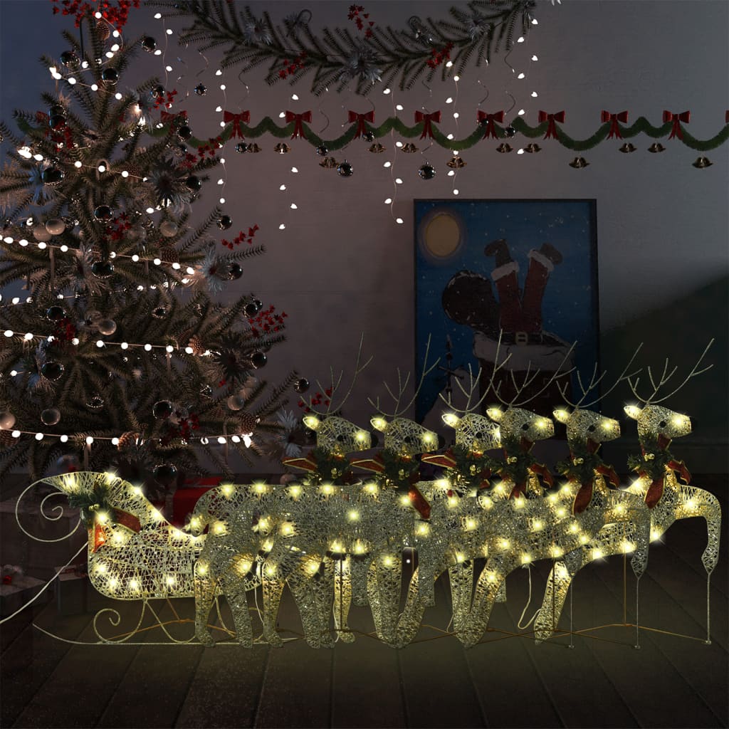 vidaXL põhjapõder saaniga, jõulukaunistus, 140 LEDi, õue, kuldne