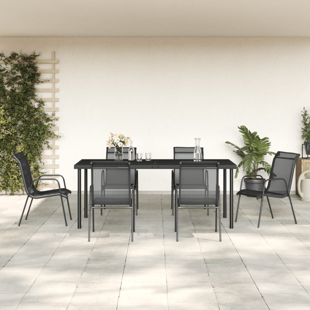vidaXL 7-osaline aia söögimööbli komplekt, must, teras ja tekstileen