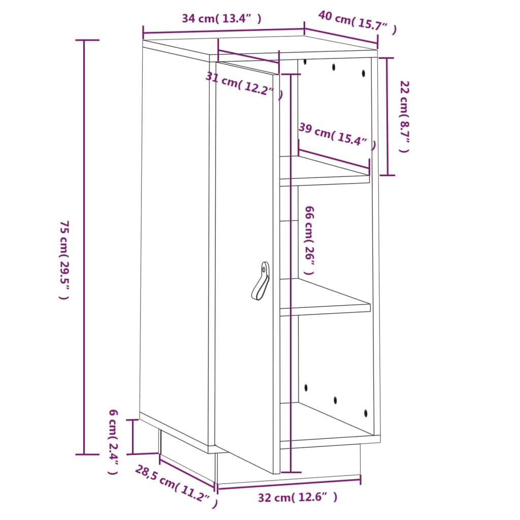 vidaXL puhvetkapp, meepruun, 34 x 40 x 75 cm, männipuit