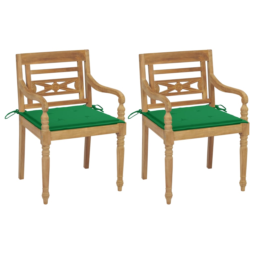vidaXL Batavia toolid, 2 tk, roheliste istmepatjadega, tiikpuu