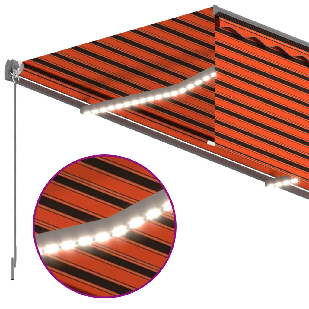 vidaXL käsitsi sissetõmmatav varikatus ruloo ja LEDiga, oranž/pruun