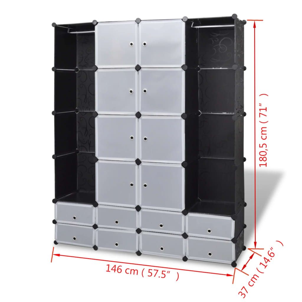 vidaXL modulaarne kapp 18 sektsiooni must ja valge 37 x 146 x 180,5 cm