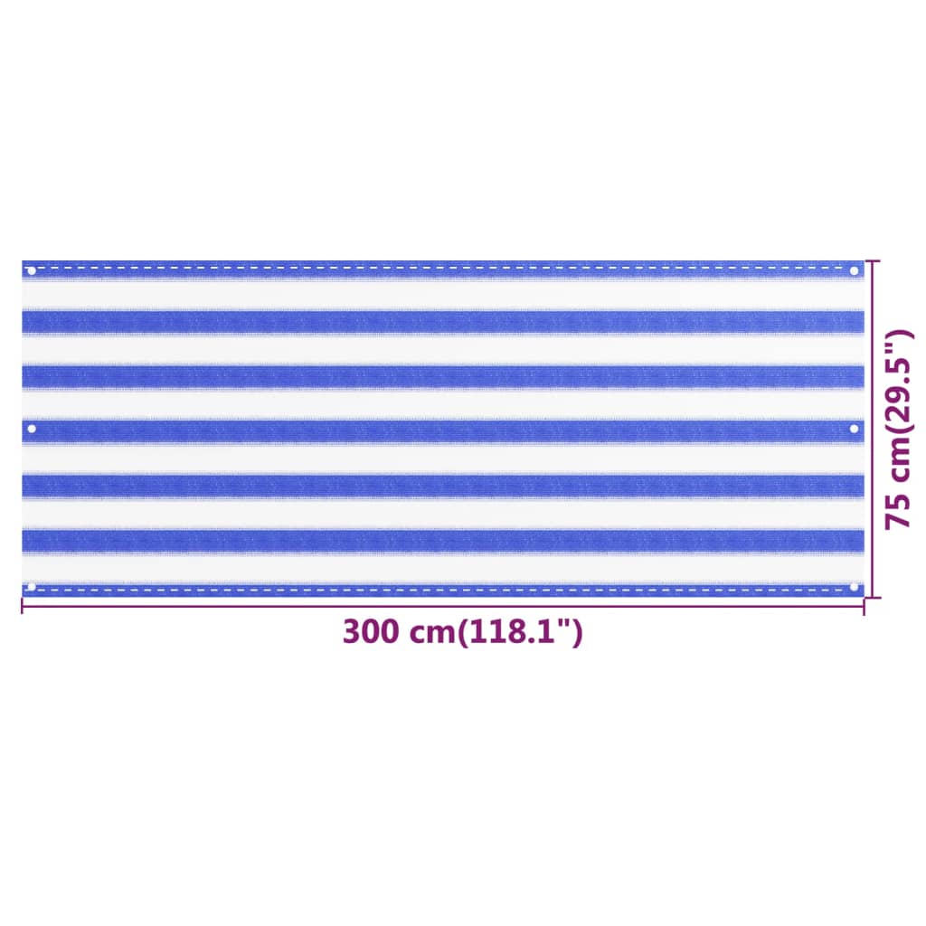 vidaXL rõdusirm, sinine ja valge, 75 x 300 cm, HDPE