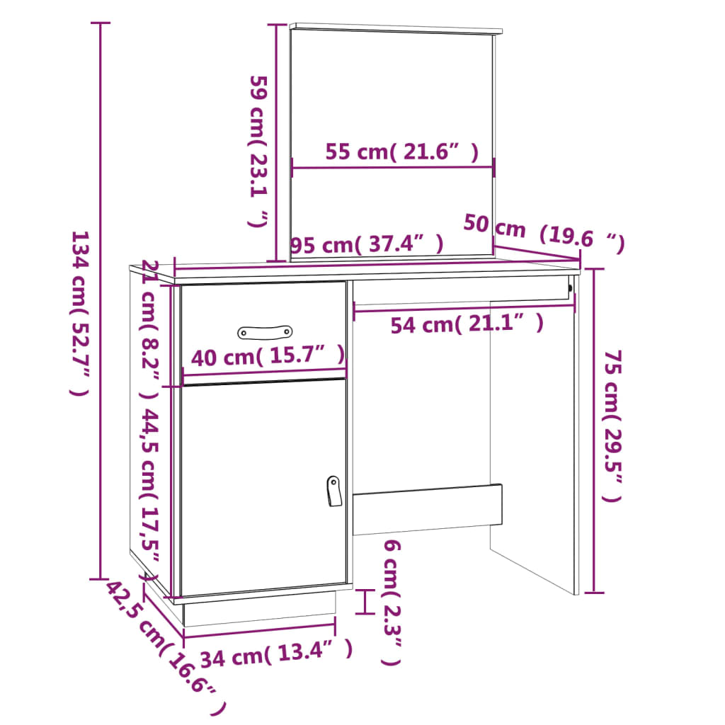 vidaXL tualettlaud, valge, 95 x 50 x 134 cm, männipuit